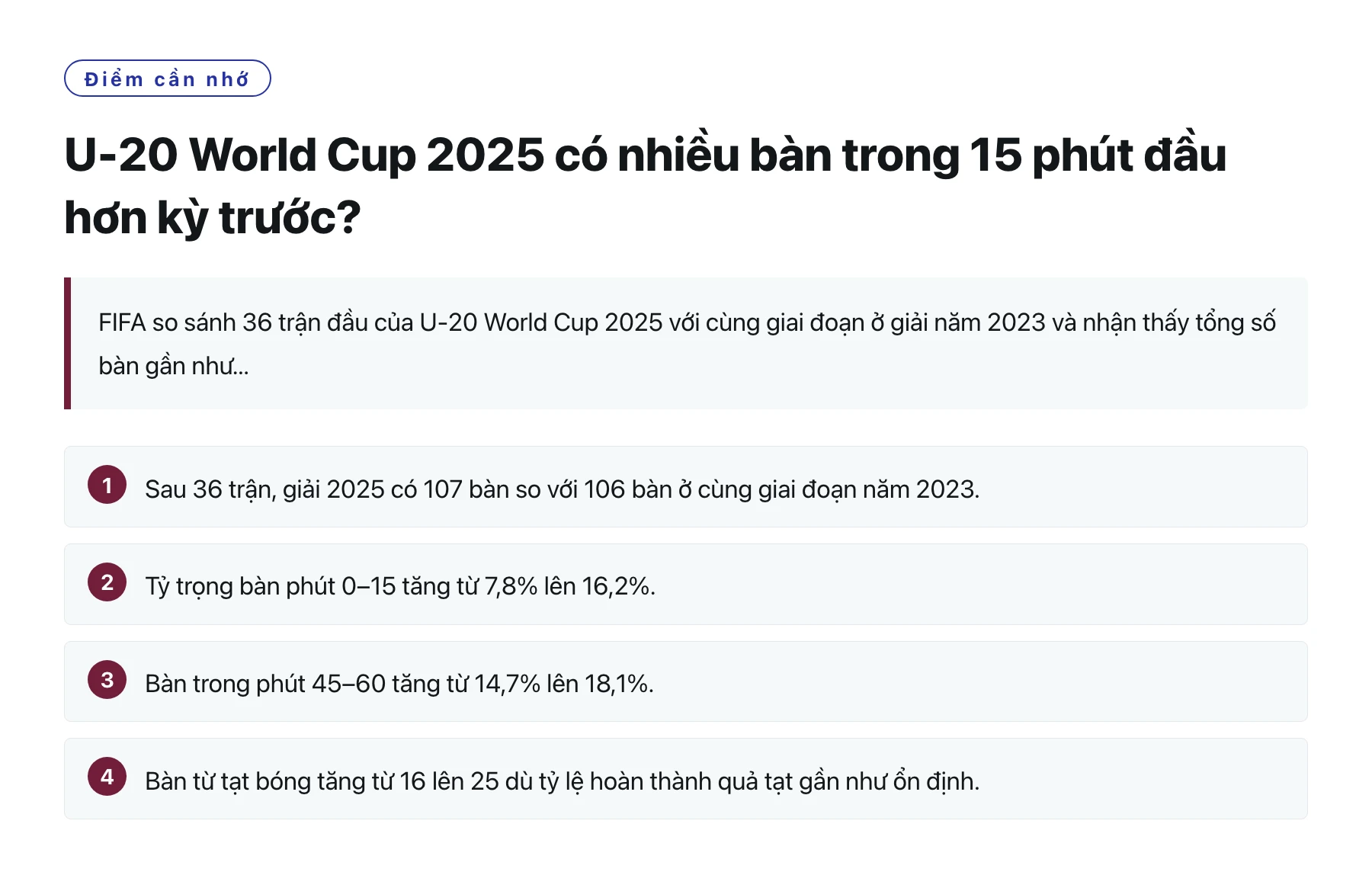 U-20 World Cup 2025 có nhiều bàn trong 15 phút đầu hơn kỳ trước?——全文要点速览