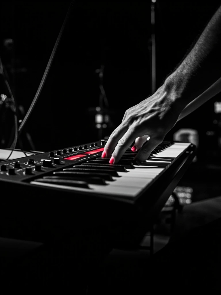 Tight B&W crop of hands playing a stage keyboard rig with a red duotone wash on the keys.