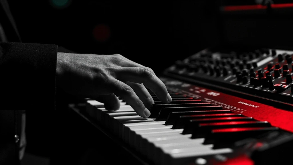 Close-up of a hand playing a vintage electric piano with a red duotone wash.