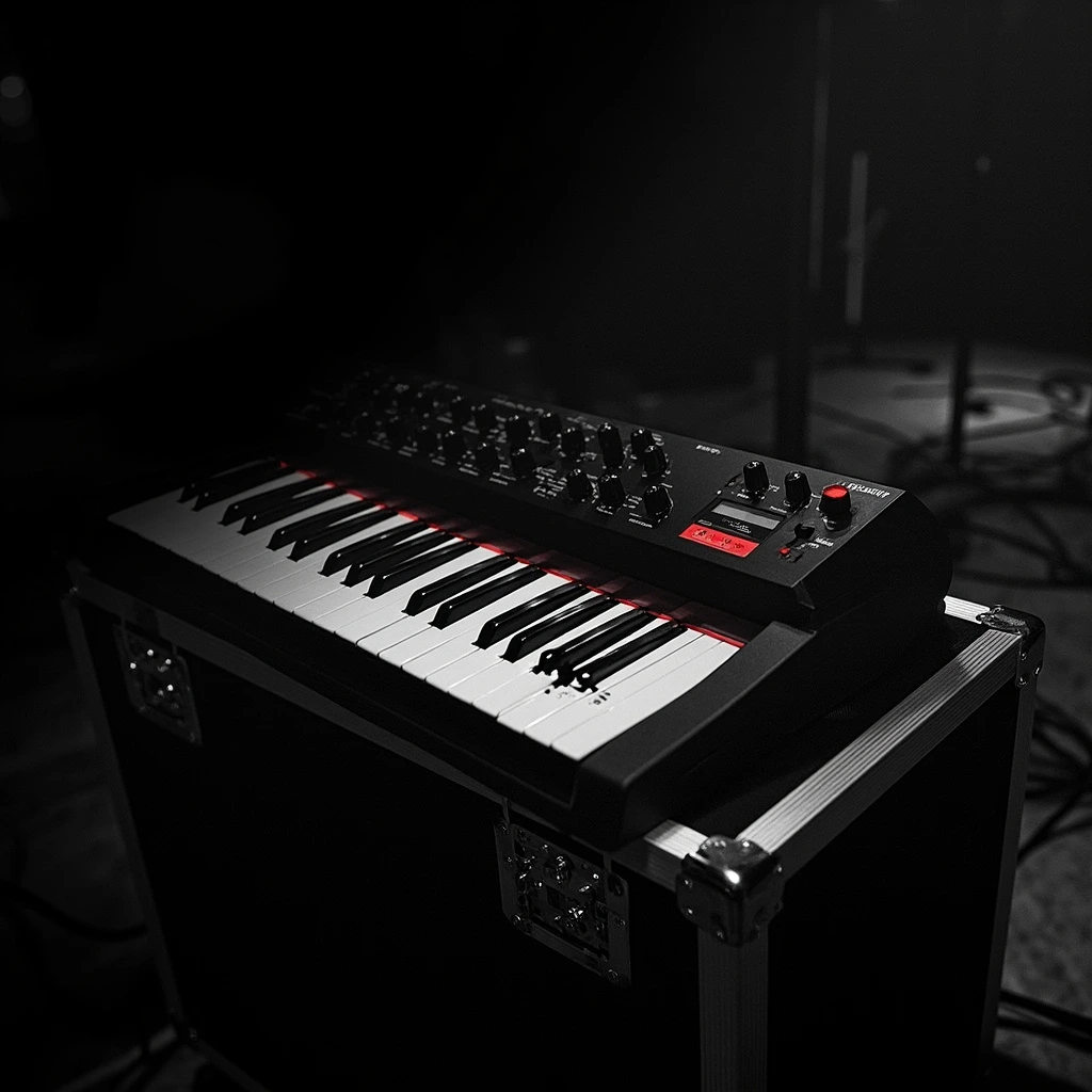 B&W shot of a stage keyboard on a road case with a red highlight on the mod wheel.
