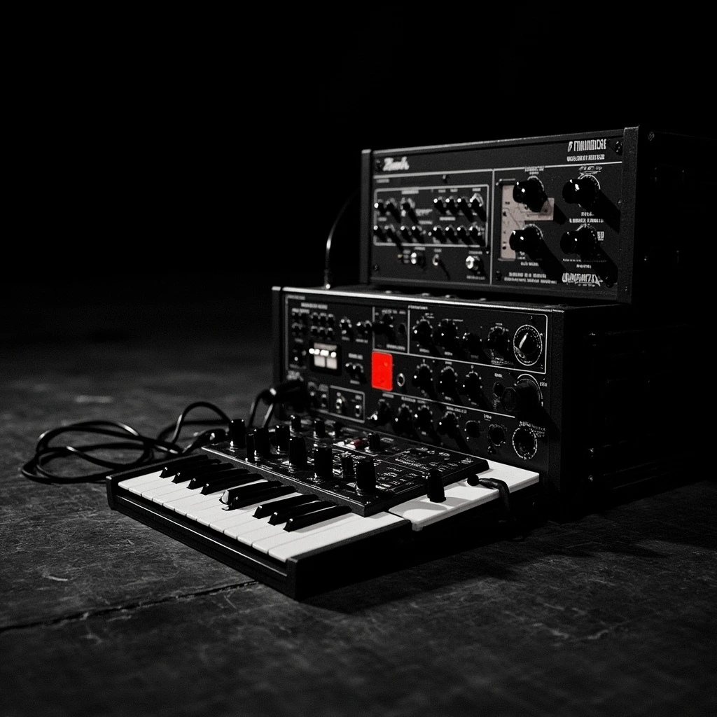 B&W shot of analog synth modules on a stage floor with a red knob highlight.