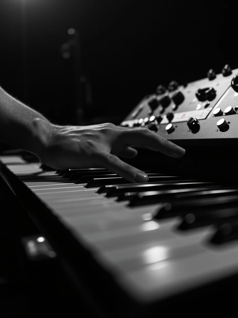 Hands of a rock pianist mid-arrangement on a stage keyboard rig