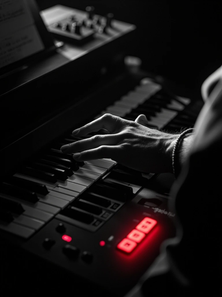 A keyboardist's hands on a stage piano, lit from above during a live set.